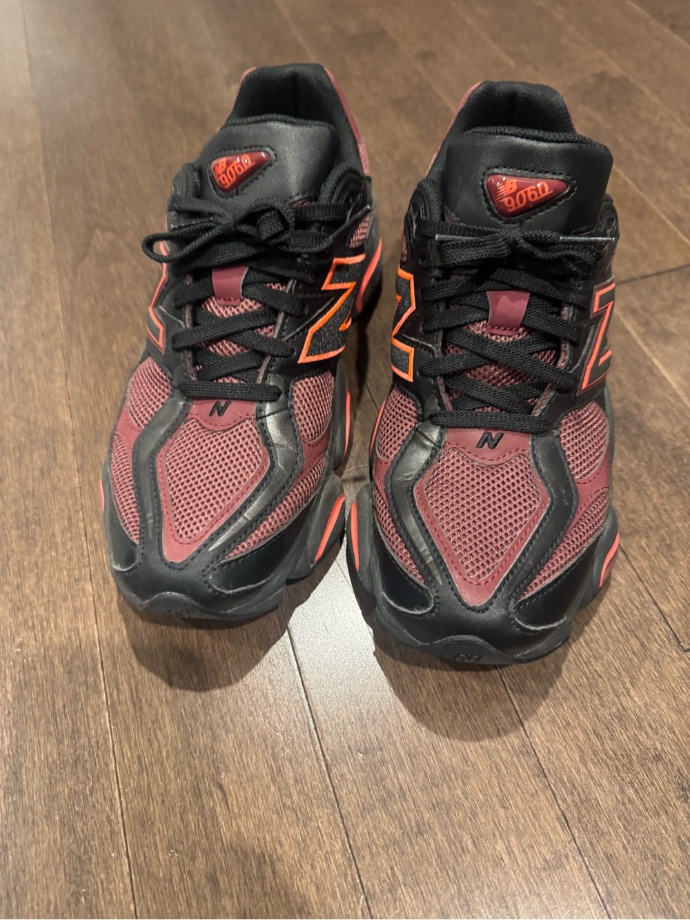 New Balance Men’s Athletic Sneakers in Burgundy and Black with Orange Accents